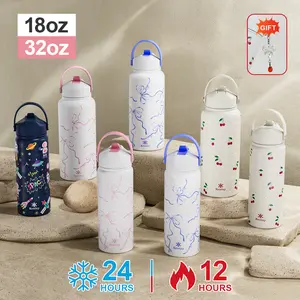 [Bonus keychain] KEWIXY 18oz&32oz Pink Bow Water Bottle, Cute Cherry, Flip Straw Lid, Stainless Steel, Leak Proof, 24-hour Cold, Reusable, Portable for Travel, Gym and School Tumbler Mug Cup