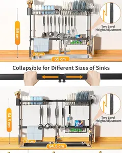 Over The Sink Dish Drying Rack, Single-Tier Stainless Steel Adjustable Dish Rack with 3*Basket Drain Rack Above Sink Large-Capacity for Kitchen Organizer Storage Space Saving