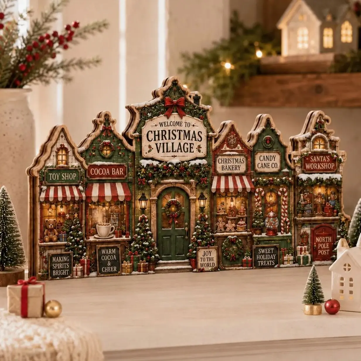Christmas Village Wooden Block Decor, Mini Holiday Village Shelf Sitter, Rustic Farmhouse Mantel Decoration, Cozy Christmas Table Display