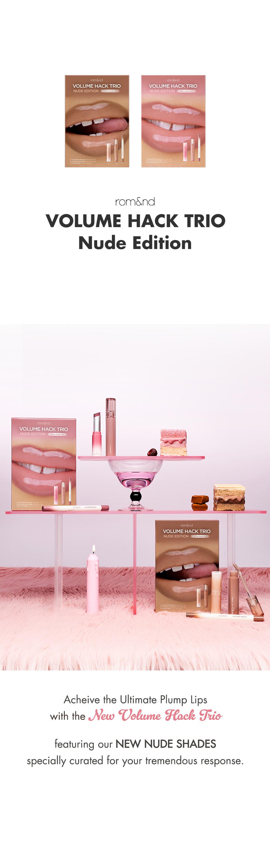 [rom&nd Official Shop] rom&nd LIP VOLUME HACK TRIO NUDE EDITION (2 Shades, Lip Mate Pencil 0.5g & Melting Balm 3.5g & Color Gloss 4g)