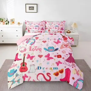 Music Note Bedding Set,Guitar Headphones Singer Comforter Set for Girls Women Kids,Pink Disco Ball Quilt Bed Set,Musical Themed Bedding Comforter Sets
