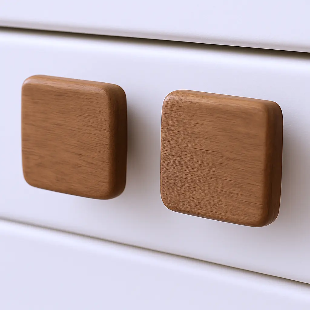 HomeRoots Moisture-Resistant Solid Teak Brown Square Drawer Pull Knobs - 2-Piece Set, Surface-Mount Door Hardware, Included Screw-In Fasteners