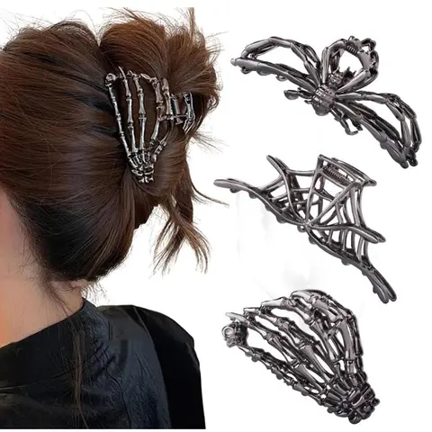 3pcs Spider Web Skeleton Hand Skull Pattern Hair Claw Clips Set, Hiphop Metal Large Medium Size, for Thick Thin Hair, Headband Barrette, Hair Barrettes, Party Gift, Hair Accessory, Fun Claw Clips, Hair Decor
