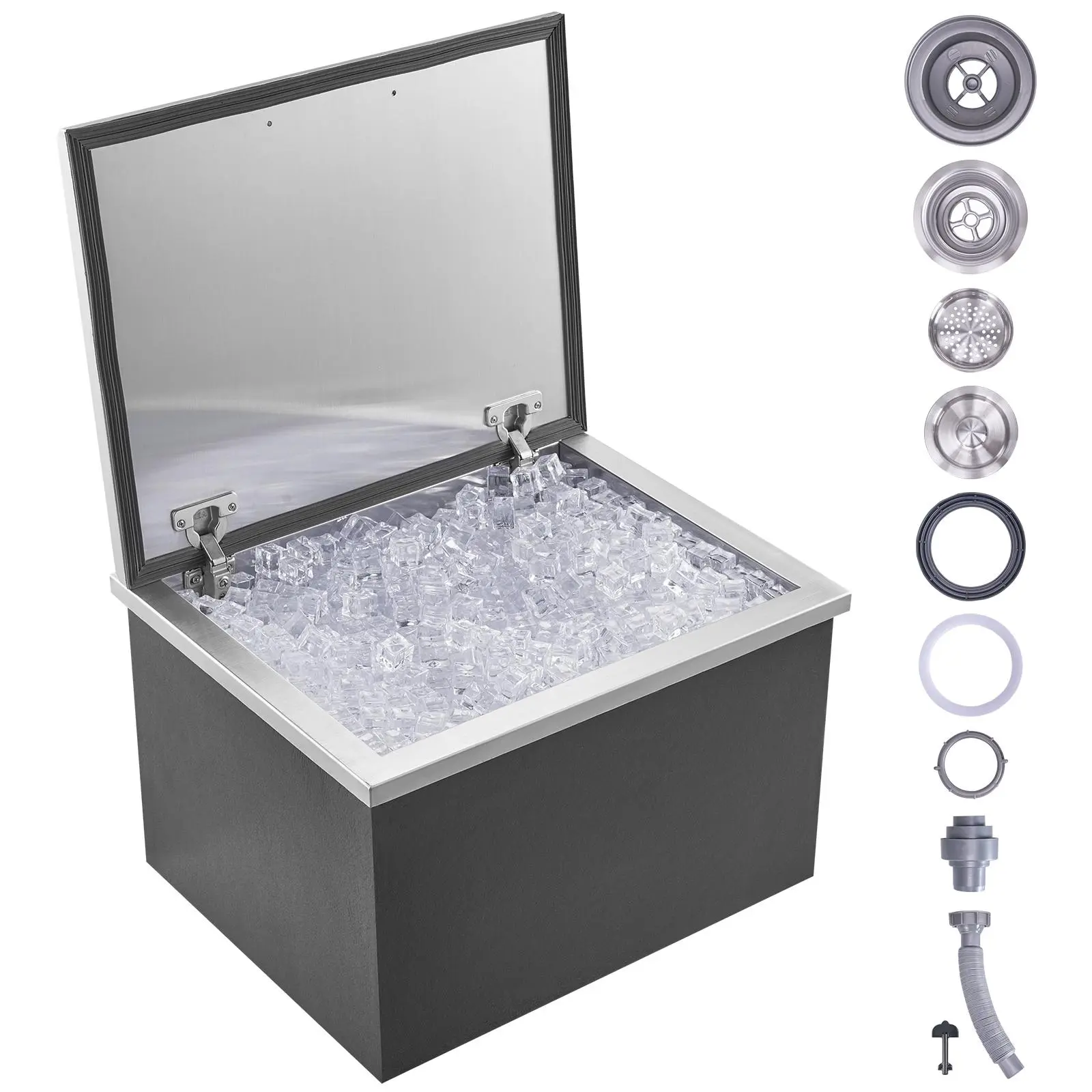 VEVOR Drop in Ice Chest,  20"L x 16"W x 13"H Stainless Steel Ice Cooler, Commercial Ice Bin with Hinged Cover, 40 qt Outdoor Kitchen Ice Bar, Drain-pipe and Drain Plug Included, for Cold Wine Beer