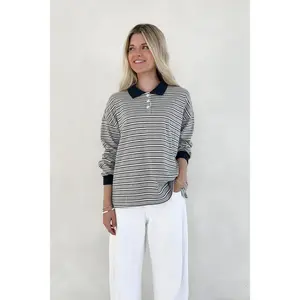 Jackson Striped Collared Long Sleeve Top in Heather Grey