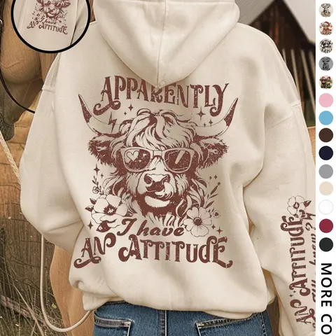 Women's Western Highland Cow Hoodie, Fitted Everyday "Apparently I Have An Attitude" Graphic Print Sweatshirt, Funny Sassy Vintage Chic Casual Pullover for Fall and Winter