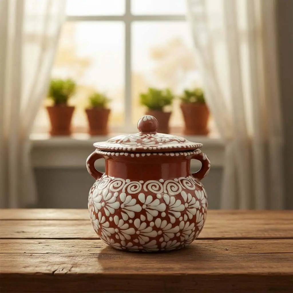 Traditional Handmade Mexican Talavera Glazed Clay Frijolero Bean Pot with Lid - 128oz, Round Body, Glossy Floral Swirls, Oven-Safe Rustic Home Kitchen Cookware