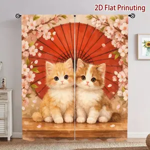 Japanese Style Cat Print Curtains, Fashionable Rod Pocket Window Curtains for Bedroom and Living Room, Comfortable Atmosphere, Easy Installation