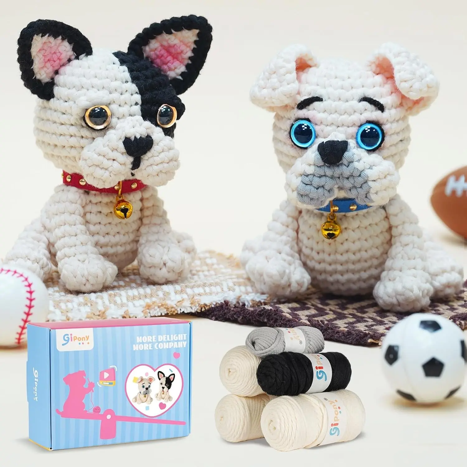 Gipony Crochet Kit for Beginners Animal,Crochet Animal Kits,Crochet Pet Toys Kits,Learn to Crochet with Step-by-Step Video Tutorials,Beginners Crochet Kits for Adults(2 Pack French Bulldog) Gift