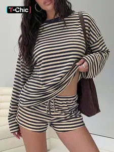 Vintage Striped Casual Everyday Women's Set, Loose Fit Round Neck Long Sleeve Top with Adjustable Drawstring Shorts, Comfortable Home Wear, Spring & Fall