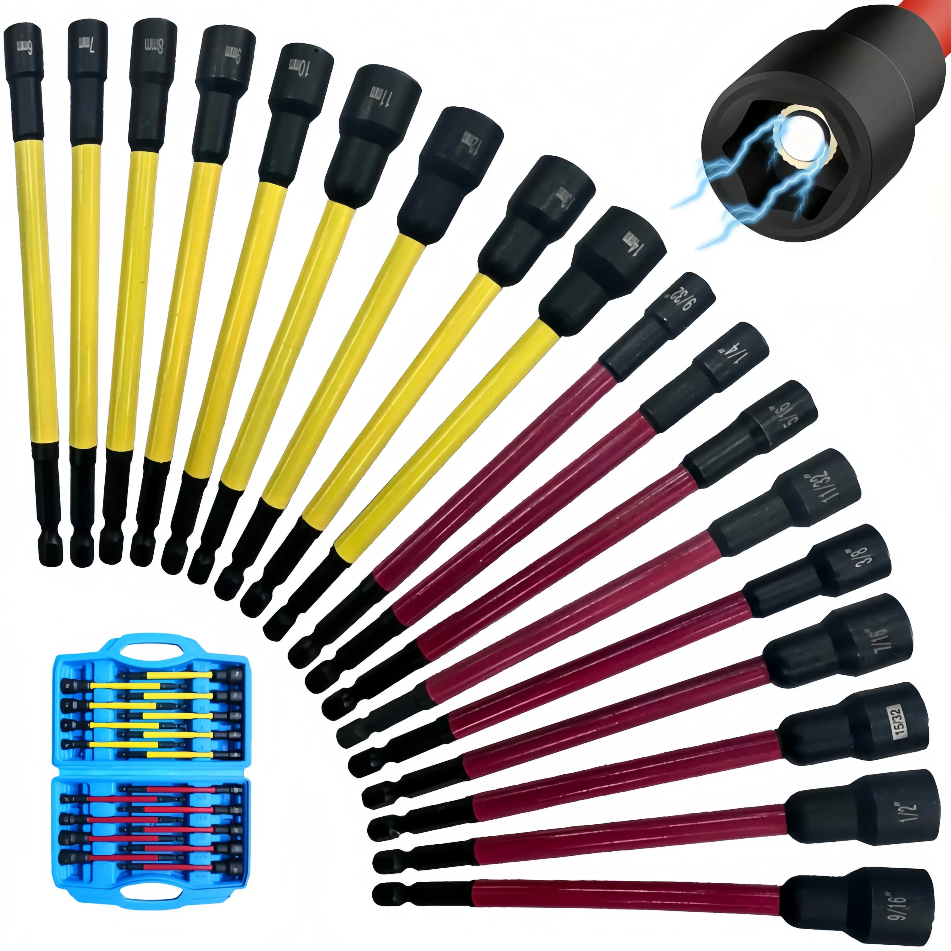 18-piece magnetic nut wrench set, metric and SAE color-coded hexagonal nut installation tools kit, extended magnetic socket drill bit  , suitable for impact drills, automatic maintenance and DIY hardware work quick-change hex Home Assembly Auto Repair