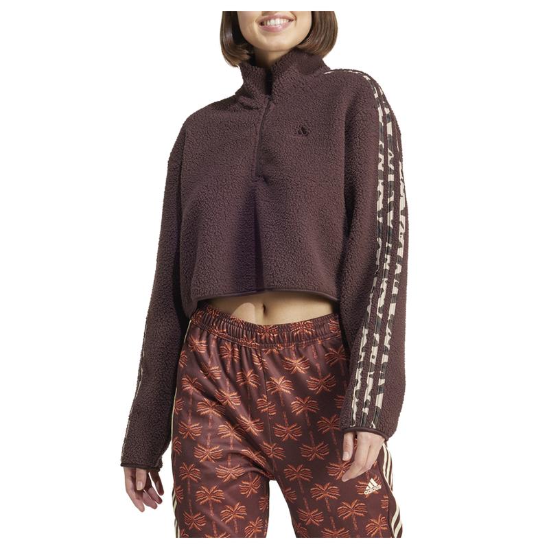 adidas Womens Essentials Mock Neck Long Sleeve Quarter Zip Sweater Training Casual Tops Casual Fleece - Brown