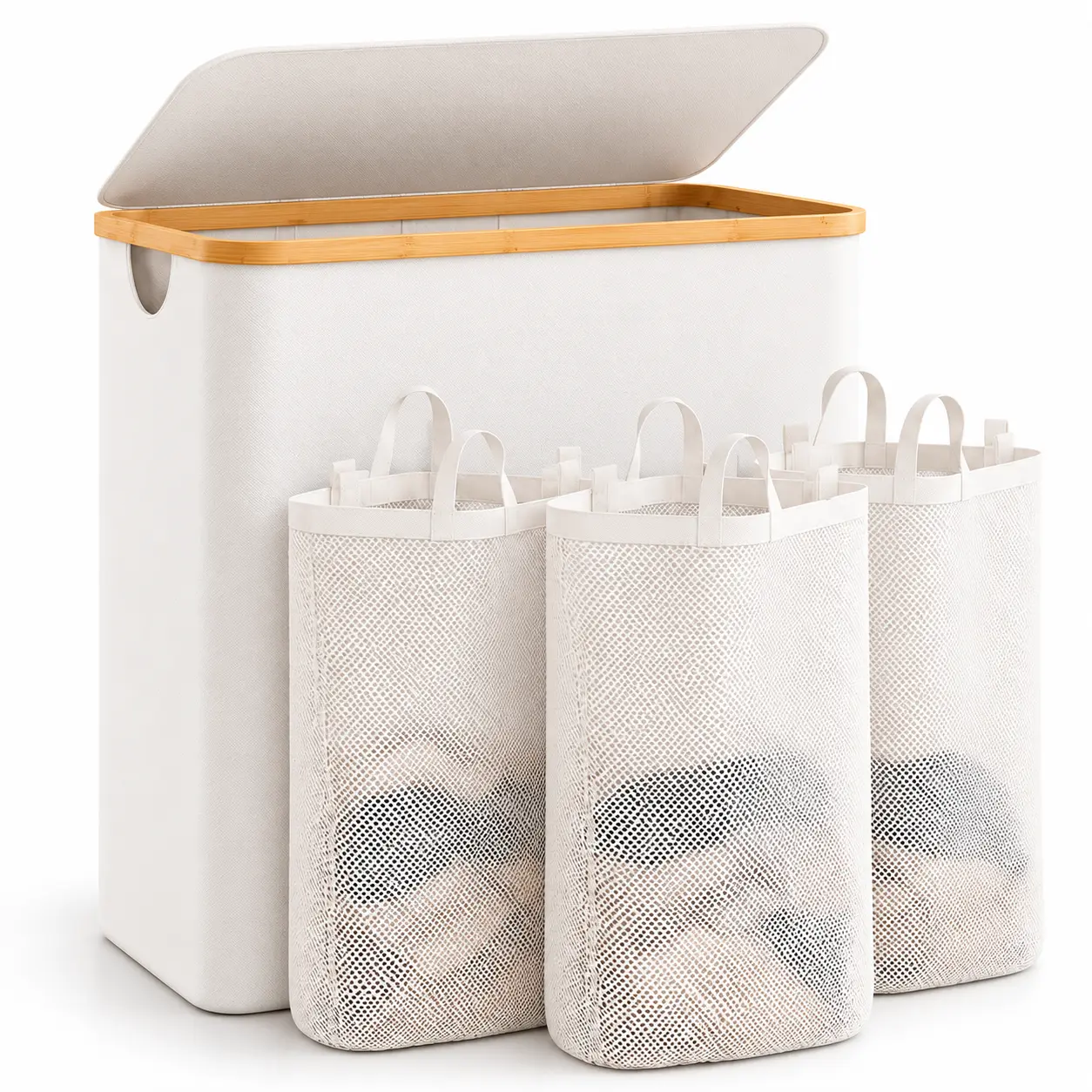 Laundry Hamper with Lid, 3 Section Bamboo Laundry Sorter Basket with Removable Washable Liner Bags, 160L Large Foldable Dirty Clothes Hamper, 3-Bag Sorting Laundry Basket with Handles for Laundry Room Organization, Dorm, Apartment, Travel