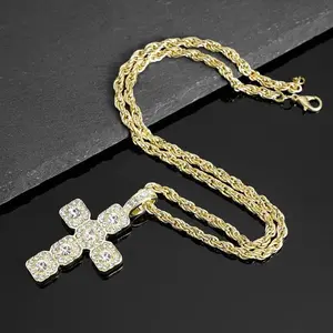 Iced Out Cross Pendant Necklace | 4mm Gold Rope Chain - Rhinestone Sparkling, Perfect for Hip Hop & Street Style