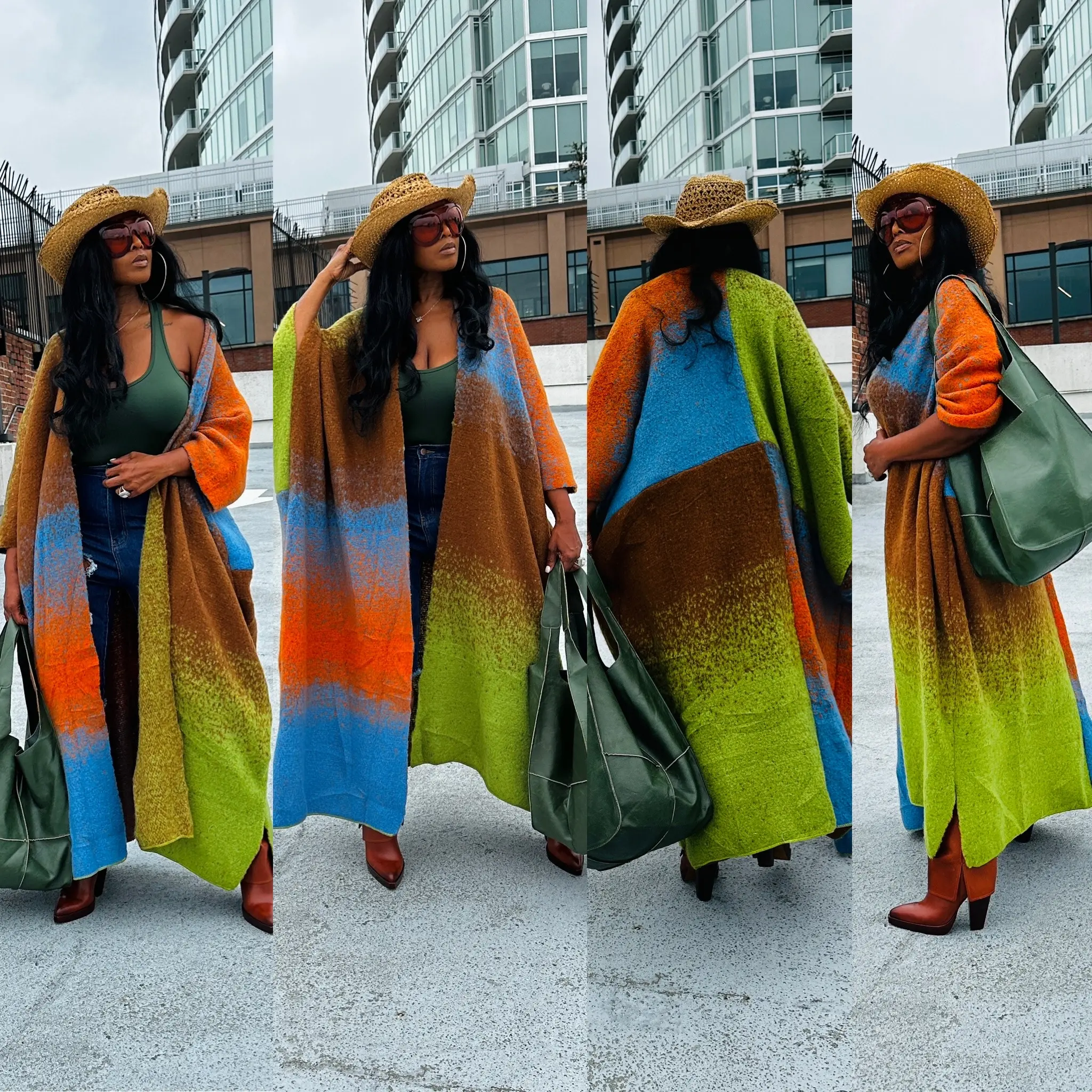 Ombre Open Front Long Cardigan Coat Chocolate Lime Green Orange Blue Blend