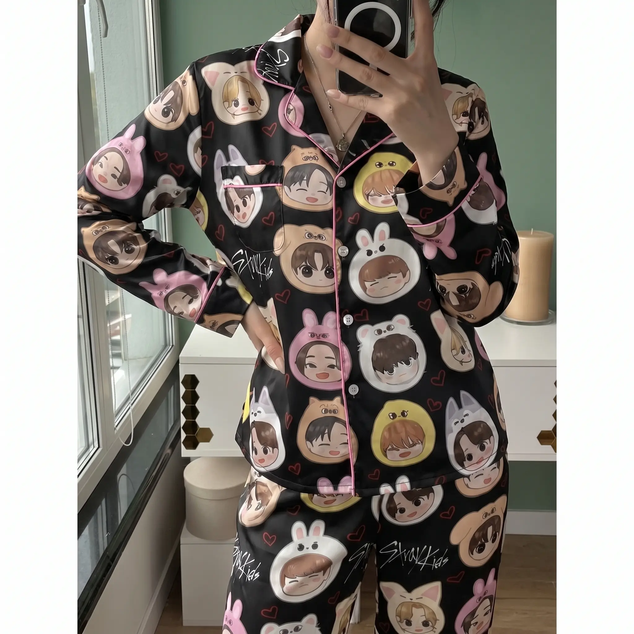 Boy Music Satin Pajama Set For Women, Matching Pajamas for Satin PJ Set Printing, Ideal for Sleepwear & Loungewear, Cute Gift for Women