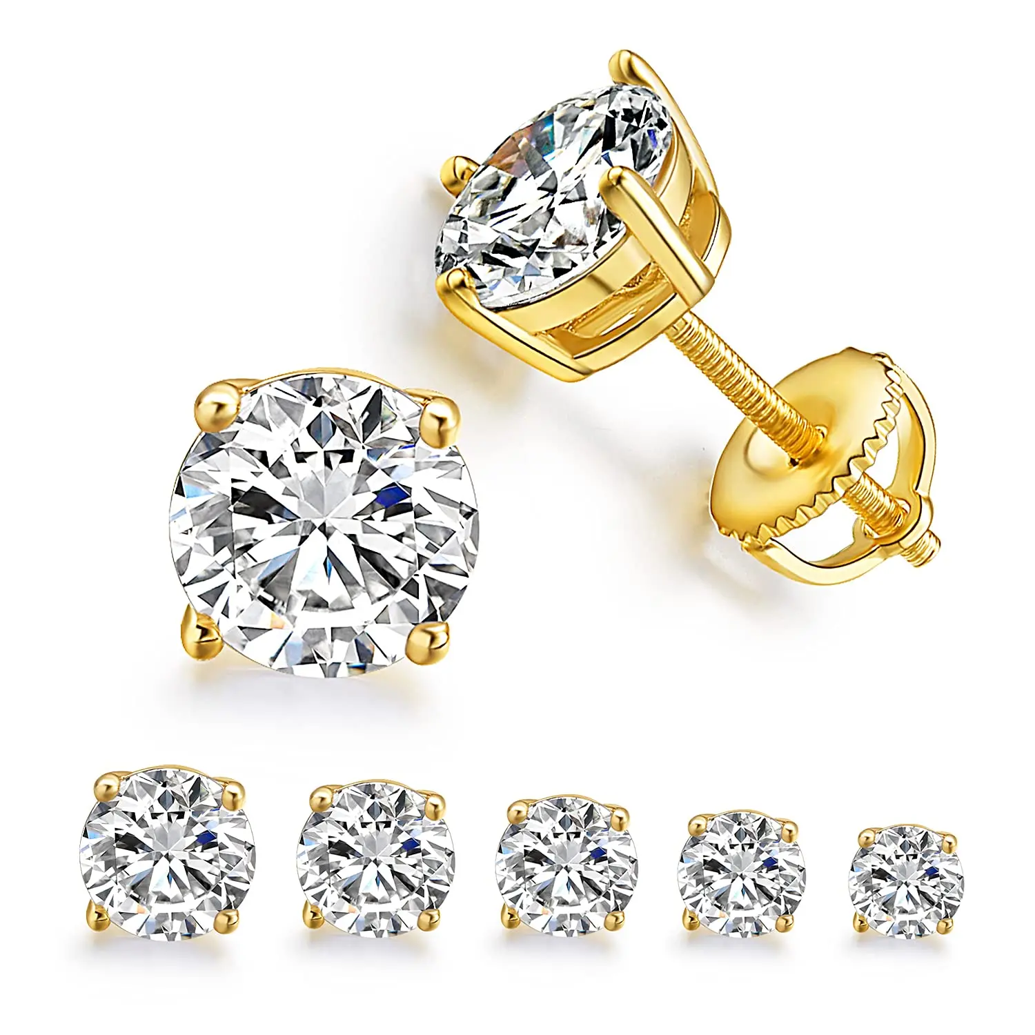 GEMSME 5/6 Pairs Round Cut Gold Plated Gemstone Clear Cubic Zirconia Stud Earring Set | Screw Back Design, Stylish and Minimalist, Earring  Sizes 3-8mm E-1160-W Ear Studs