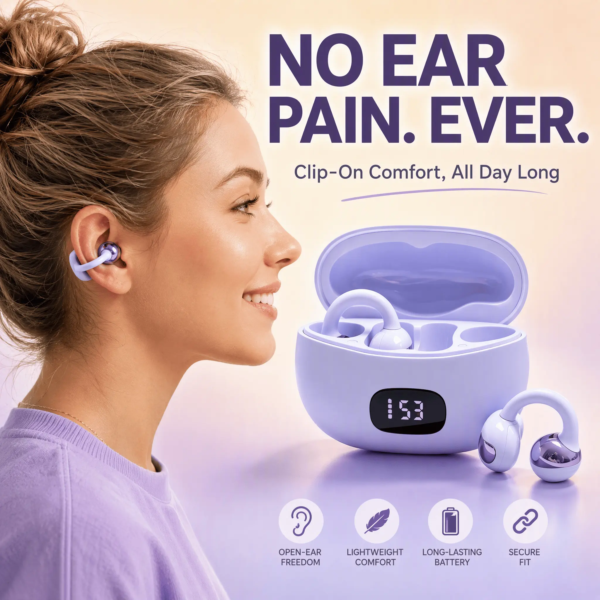 FLUFFDRIP YXG-20 Open Ear Clip On Bluetooth Earbuds, LED Display Wireless Sports Headphones, Comfort Painless Outdoor Safe Headset for Workout Commute