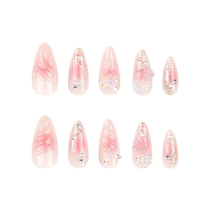 Pink Fake Nail with 3D Flowers and Butterflies Design Almond Nails Glossy Nails 24 PCs/Set