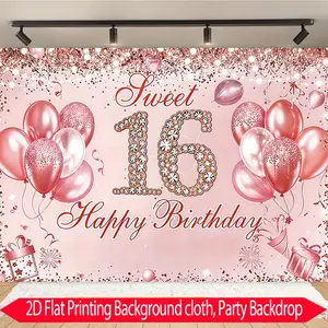 2D flat, 1 sweet 16th birthday banner with name _ number, pink diamond balloon and name tag, pink sweet 16th party decoration, suitable for room celebration, sweet 16th