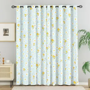 2 panels Woodstock & Daisy Print Blackout Curtains, Snoopy Friend Cartoon Bird & White Daisy Pattern Thermal Insulated Window Drapes for Kids Bedroom, Peanuts Fans Room Decor