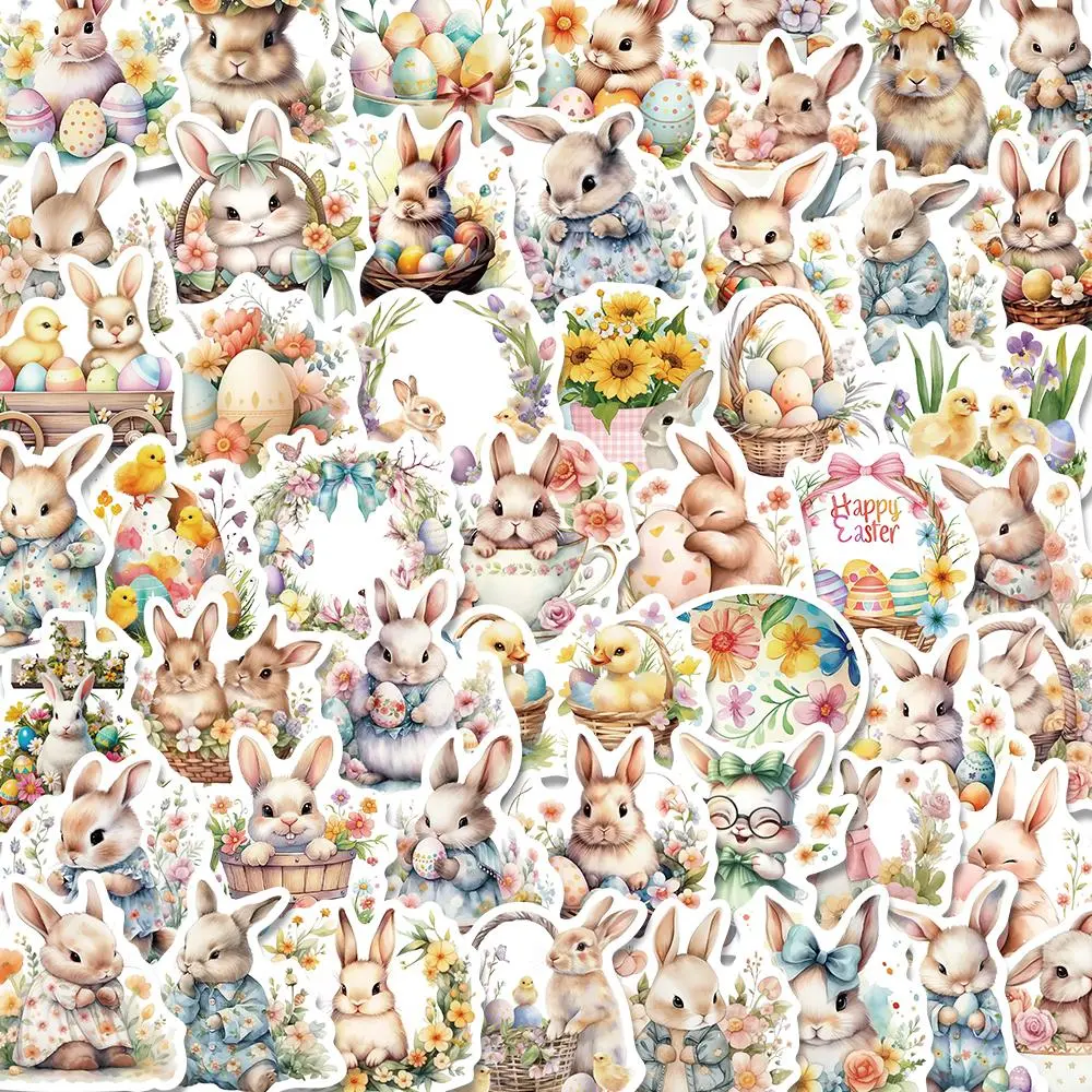 Easter Themed Sticker (50pcs), Cute Cartoon Rabbit Pattern Decorative Sticker, DIY Decals for Water Bottle, Laptop, Phone Case, Scrapbooking, Journal Making, Ornaments
