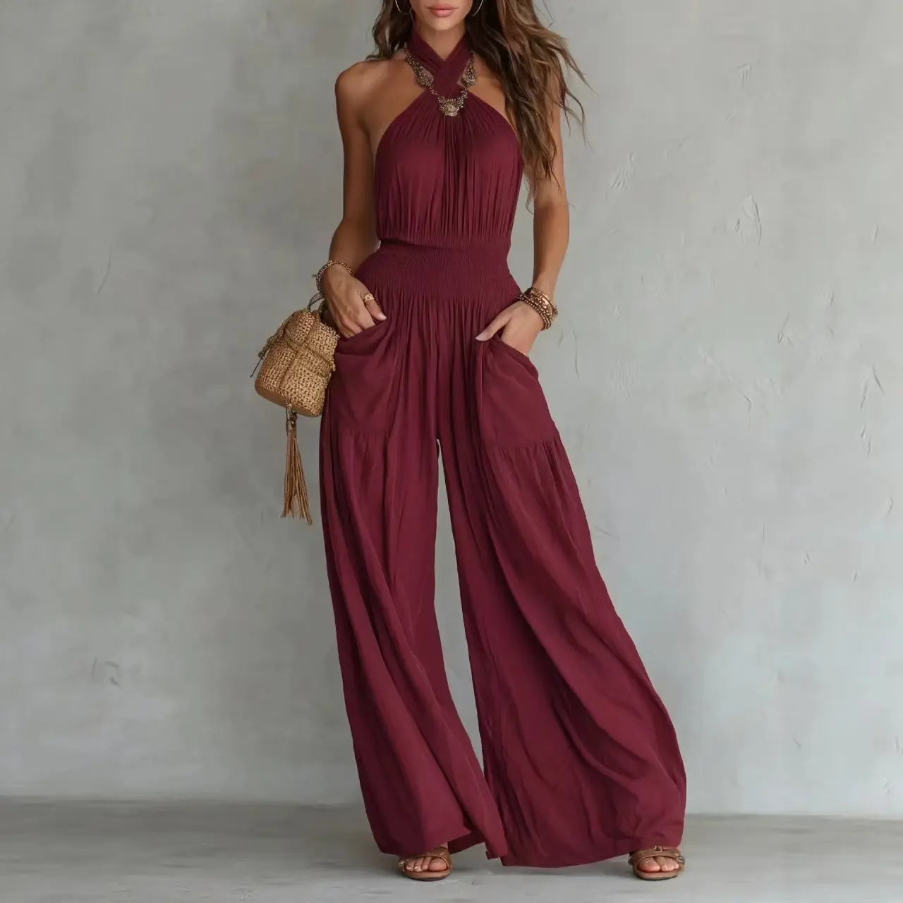 Elegant Halter Neck Jumpsuit in Rich Maroon with Wide Leg Design and Pocket Details for Women