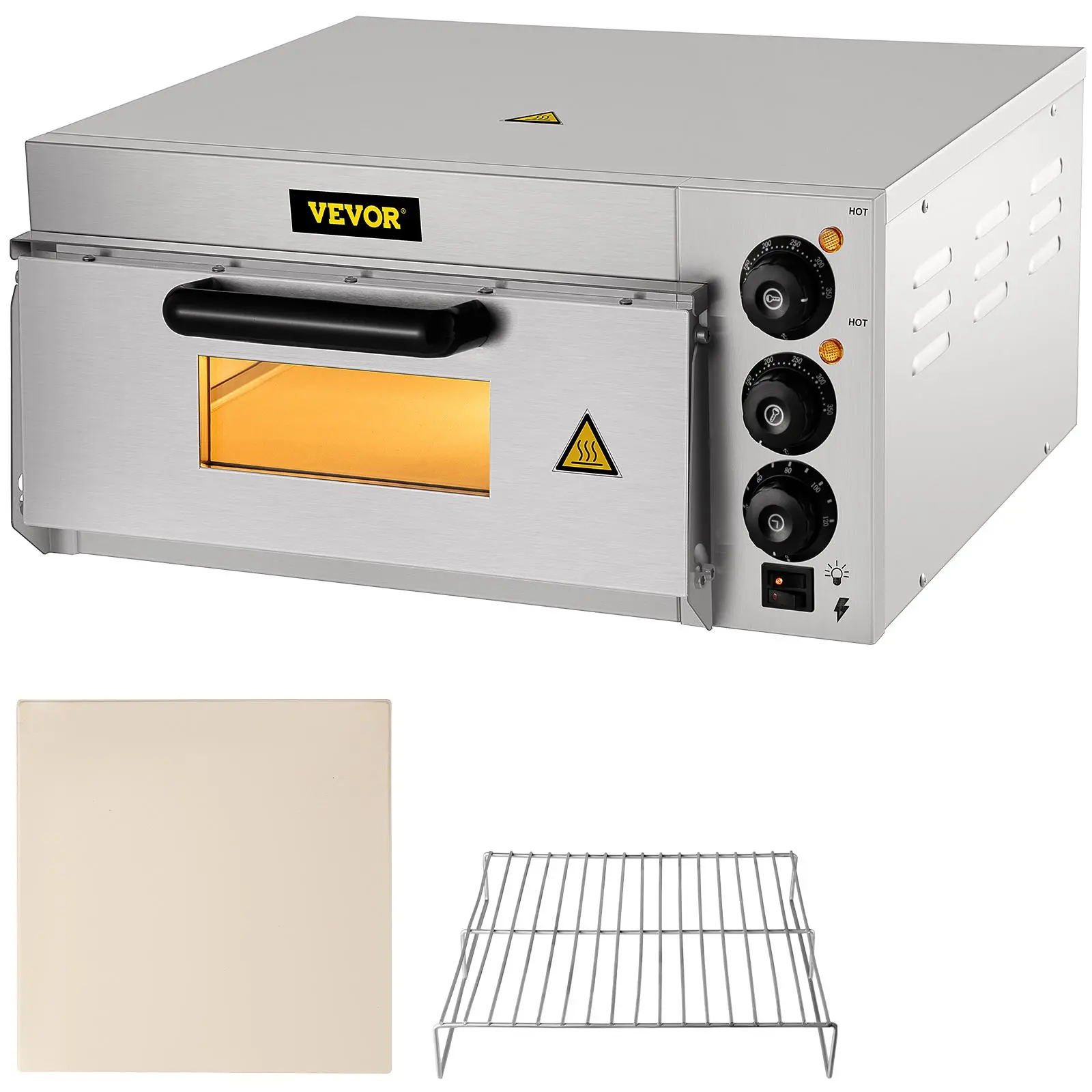 【toolupgrade】VEVOR 14" Single Deck Commercial Countertop Electric Pizza Oven, 110V 1300W 360° Heating Stainless Steel with Stone, Shelf & Interior Lighting, Pizza Cooking Appliance for Restaurant & Home Use