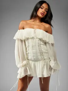 MISSGUIDED Ruffle Off Shoulder Long Sleeve Corset Chiffon Lace Up Detail Mini Dress