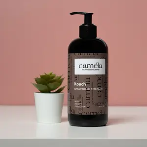 Camela The Professional Brand Koach Shampoo of Strength - Product Image Shows Black Bottle with Pump Dispenser