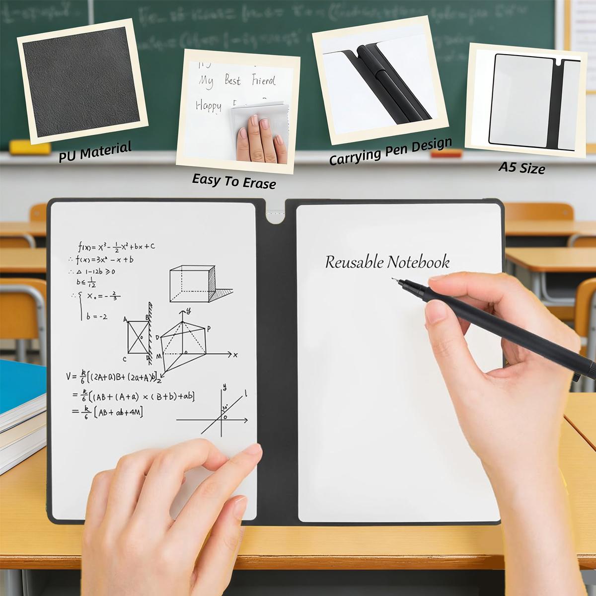 A5 Reusable Whiteboard Notebook, Portable Dry Erase Writing Board with PU Cover, Double-Sided Erasable Notepad for Math Drawing Notes To-Do List Planning, Includes 3 Markers & Wipe Cloth