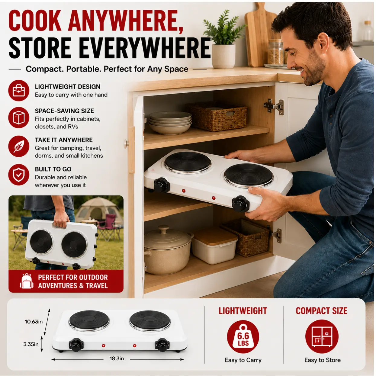 1800W Portable Dual Burner Heating Stove Countertop RV Stove with 7.5"& 6.3" Glass Cooktop Stepless Temperature Adjust-5380