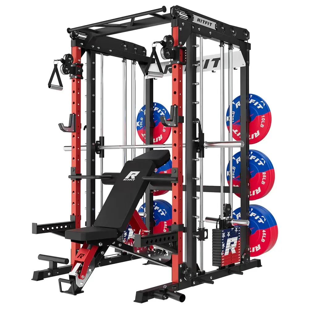 Red M2 Pro with bench and 260lb patriotic plates