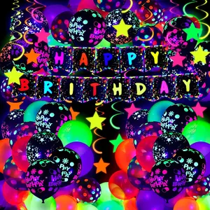 71 Pcs Neon Birthday Party Supplies Decorations Include Clear Glow in the Dark Balloons, UV Neon Balloons, Star Hanging Swirls, Happy Birthday Banner Festival Accessory Glow Party Supplies
