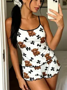 Background Bow Highland Cow Print Tank Top Pajamas Set, Trim Ruffle Design, Sweet Cool Girl Style Breathable Home Sleepwear