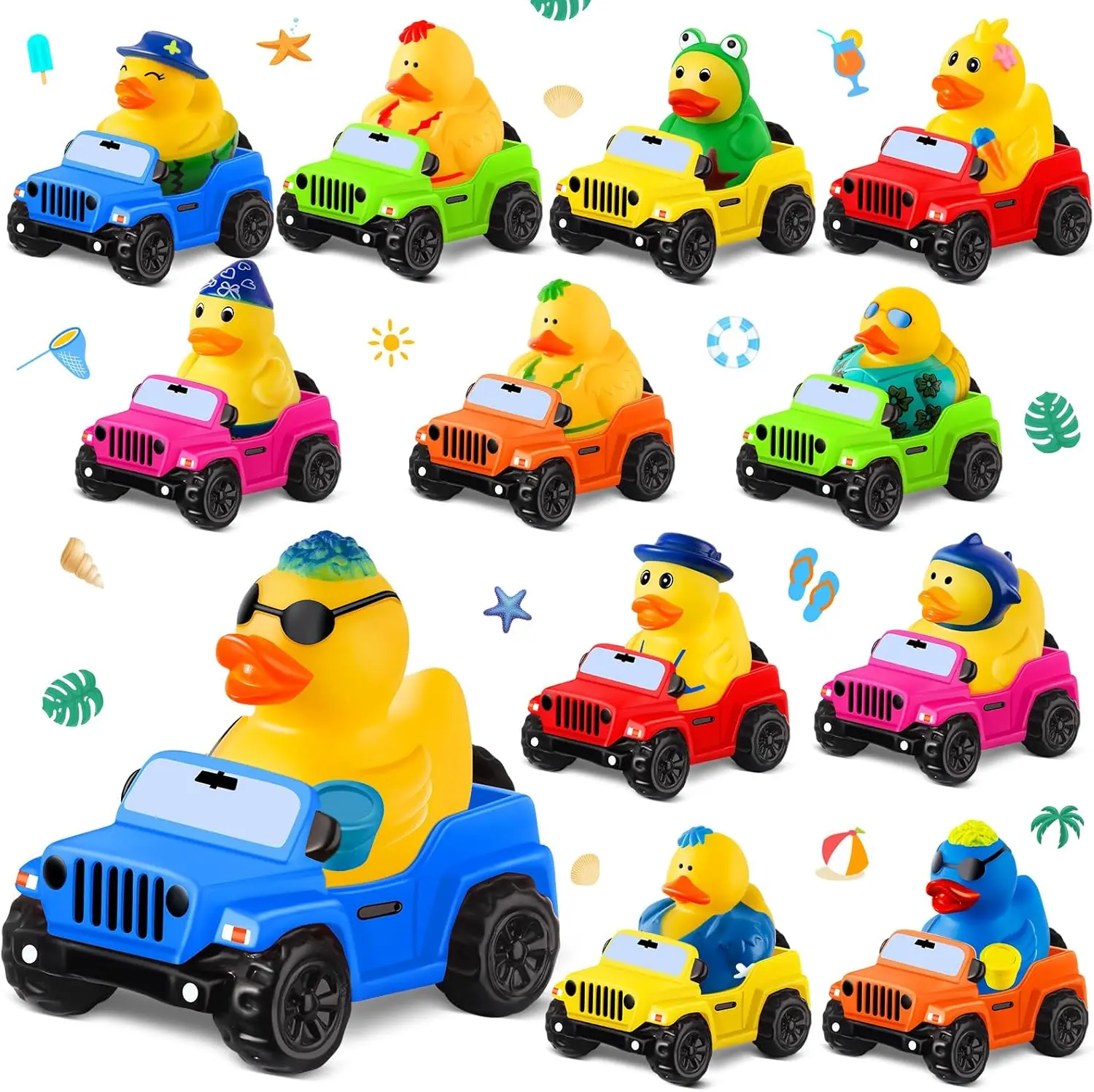 12 Pack BPA-Free Vinyl Rubber Ducks for Jeep Ducking - Dressed-Up with Colorful Trucks, Dashboard Accessory, Car/Vehicle Accessories, Kids' Bath Toy, Party Favor, Car Fans' Collectible Gift