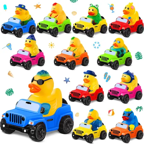 12 Pack BPA-Free Vinyl Rubber Ducks - Dressed-Up with Colorful Mini Trucks, 2.8×2.6×1.6 Inches Compact Dashboard Accessory, Stocking Stuffers for Car Fans, Baby Bath Toy, Decoration for Shelves/Desks