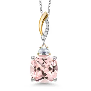 Gem Stone King Gemstone Birthstone and Moissanite Pendant Necklace for Women | 925 Silver and 10K Yellow Gold | Cushion 12MM | Half Moon 5X3MM | With 18 Inch Silver Chain