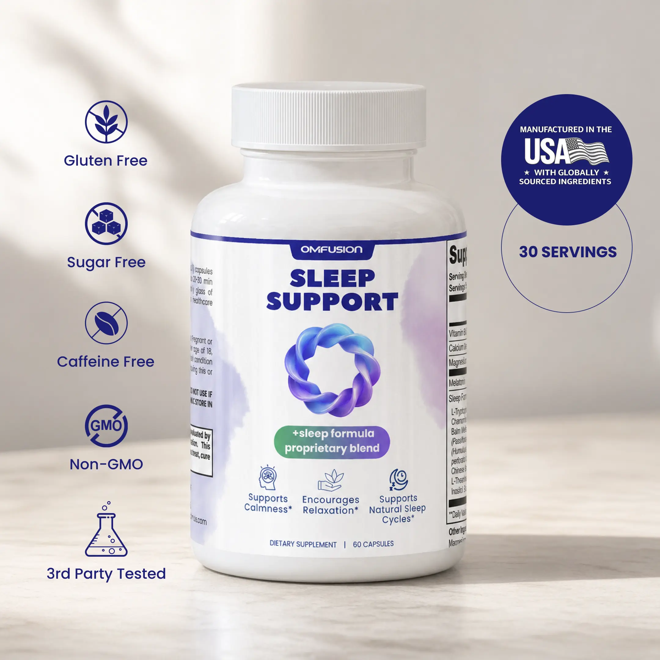 OM FUSION Sleep Support Capsules with Melatonin, Magnesium, L-Tryptophan, Chamomile and L-Theanine, 60 Capsules