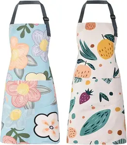 2Pcs Floral Apron with Pockets, Adjustable Cotton Chef Aprons Fit Most Sizes Easily, Multi-Purpose Apron for Kitchen, Cooking, BBQ & Grill