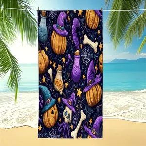 Purple Halloween Witchy Pumpkin & Skull Print Beach Towel, Spooky Themed Pool Towel, Soft Absorbent Camping Towel, Multi-Use Bath Towel Blanket with Vivid Digital Print, Quick-Dry for Summer Beach & Outdoor Use