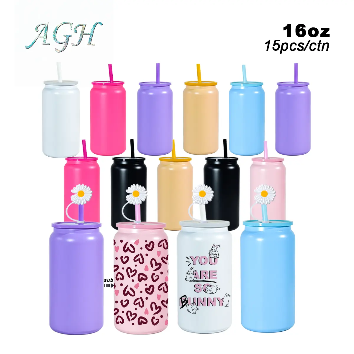 AGH US NEW 15-PACK 16OZ Sublimation matte macaron 7-colors mixed 304 stainless steel juice can Storage jar 16pcs with colored lids&straws