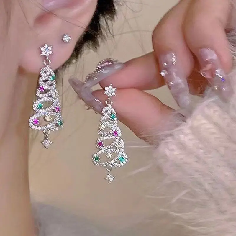 Fashion Christmas Tree Zircon Crystal Star Silver Color Earrings Stud Dangle Xmas Jewelry Women Party Gift  2025
