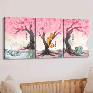 3-Piece Wooden Frame Canvas Art Set, Cute Cartoon Character Posters, Waterproof Wall Decor for Living Room & Bedroom, High-Quality Home Decoration