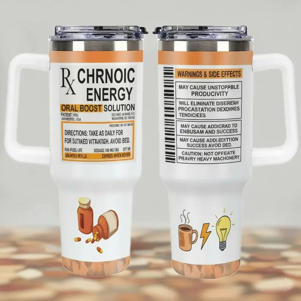 40oz Leakproof Thermal Insulated Tumbler - Witty Chronic Energy Prescription Oral Boost Solution Design, Double Wall Stainless Steel, Reusable Portable Car Mug with Lid & Straw, Hilarious Productivity & Stress Relief Drinkware, Ideal Birthday Mother'