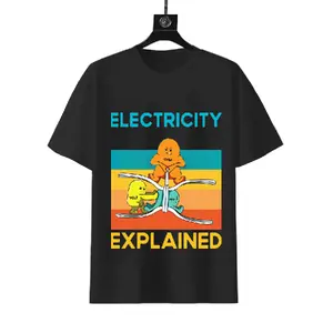 Electricity Explained Ohm Volt Amp Teeter-Totter Cartoon Graphic T-Shirt, Retro Rainbow Striped Background Science Meme Cotton Short Sleeve Tee, Nerd Humor Street Casual Top