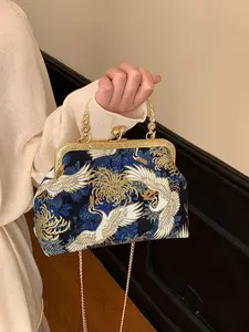 New Oriental Buckle Bag, Ancient Embroidered Crane Design, Fashionable Crossbody Bag for Women, Versatile Traditional Aesthetic