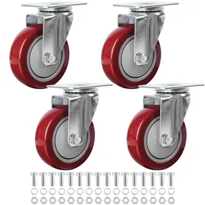 4" Swivel Casters Wheels Set of 4 Plate Casters Heavy Duty  Polyurethane Wheels PU Load Bearing 2,600 Lbs Anti-wear Smooth Casters Red (Free Screws)