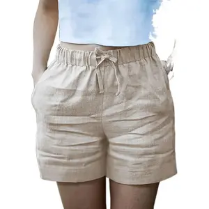 Women'S High-Waisted Shorts - Olive Green, Relaxed Fit, Drawstring Waist, Patch Pockets, Non-Stretch Fabric, 120g/m², Perfect for Spring/Summer/Fall, Casual Style, Casual Wear | Relaxed Fit Shorts | Drawstring Waistband,  Basic Khaki