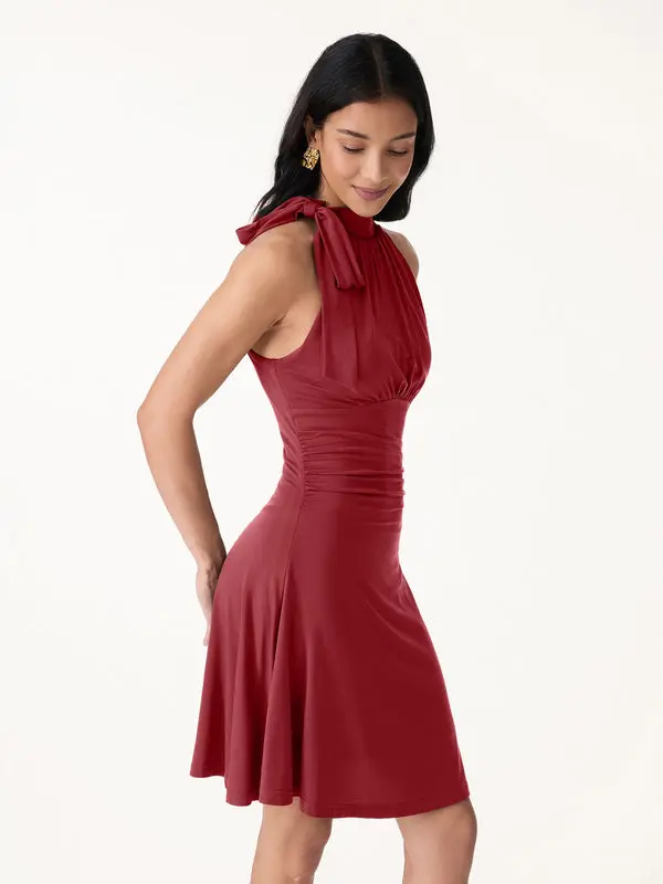 Milky Matte Mockneck Bow Tie Ruched Mini Bra Dress